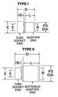 Adapter, Tube Socket to Pipe Buttweld - dimensions