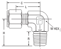 BSP Taper Male Elbow for fractional tube - dimensions