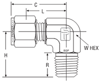 BSP Taper Male Elbow for metric tube - dimensions