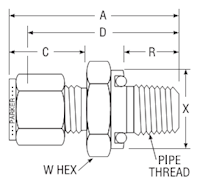 Male Connector to O-Ring Pipe Thread for fractional tube - dimensions