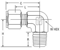 NPT Male Elbow for metric tube - dimensions