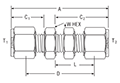 Bulkhead Union for metric tube - dimensions