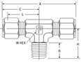 NPT Male Branch Tee for metric tube - dimensions