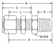 NPT Male Bulkhead Connector for fractional tube - dimensions