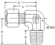 NPT Male Elbow for fractional tube - dimensions