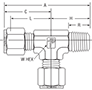 NPT Male Run Tee for fractional tube - dimensions